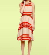 Gap Tan Red Striped Swing Dress 8 Fit Flare Midi Sleeveless Preppy Modern Bold