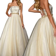 NWT Sherri Hill Gold Size 6 A line Gown Dress Prom Maxi Lace back style 53246