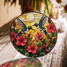Hummingbirds and Hibiscus Round Stained Glass Suncatcher Window Decor Gift