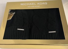 Michael Kors Hat  Scarf Boxed Set Cable Knit Black Warm  Cozy SHIPS FREE 98