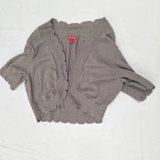 ELLE Sweater Womens Large Gray Short Sleeve Shrug Cardigan Open Front Scallop