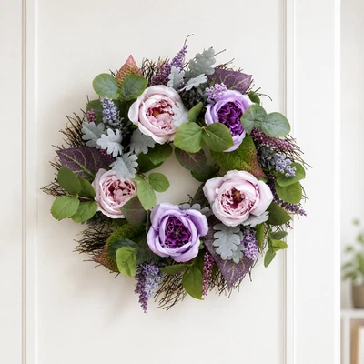 ABELLA Flora Dekokranz Rosen Lavendel Ø48cm Kunstkranz Türkranz Wandkranz Pal1 - Bild 1 von 3