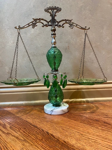 Vintage Rare Green Glass Scales Of Justice w Marble Base & Brass 19" x 19"