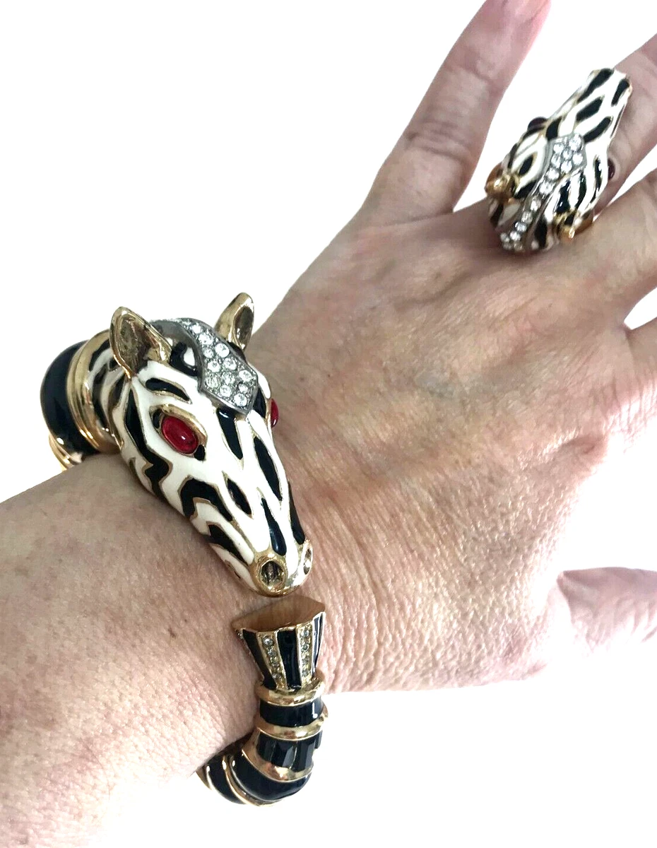ROBERTO CAVALLI HUGE ZEBRA Enamel Torque Open Cuff BRACELET