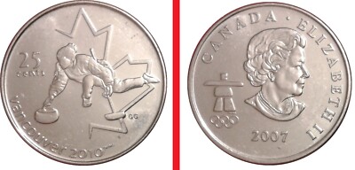 25 cents  Canada 2007 CURLING OLYMPIC GAMES VANCOUVER 2010 QUEEN ELIZABETH II