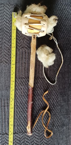 Native American Rattle Instrument 14" Long - Tree Branch, Rawhide, Fleece - Picture 8 of 9