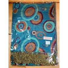 Pashmina ScarfWrap Shawl Fringed Teal Brown Circle Pattern 70% Pashmina 30% Silk