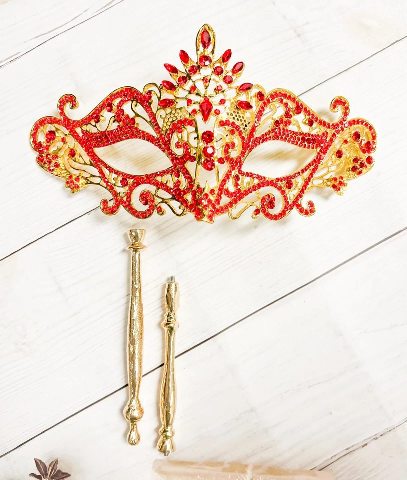Red Crystal Masquerade Mask with Stick, Gold Masquerade Mask, Wedding Party Mask - Image 4 of 4
