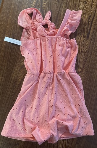 NWT Tahari Girls’ Romper with Matching Scrunchie, Coral Eyelet Lined, Size 8 - Picture 3 of 5