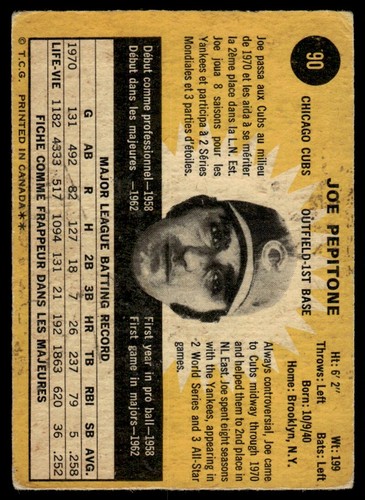 1971 O-Pee-Chee Joe Pepitone Chicago Cubs #90 R103 - Picture 2 of 2