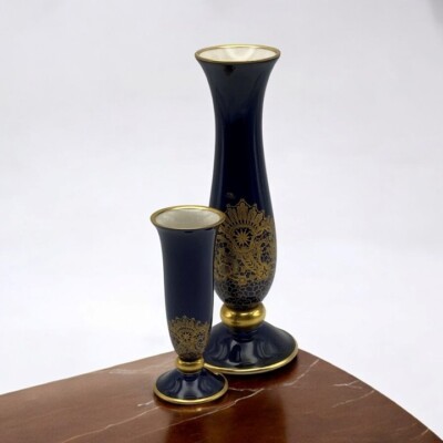 Pair Lindner Kueps Bavaria Echt Cobalt Bud Vases Brabant Gold Signed Vtg Germany