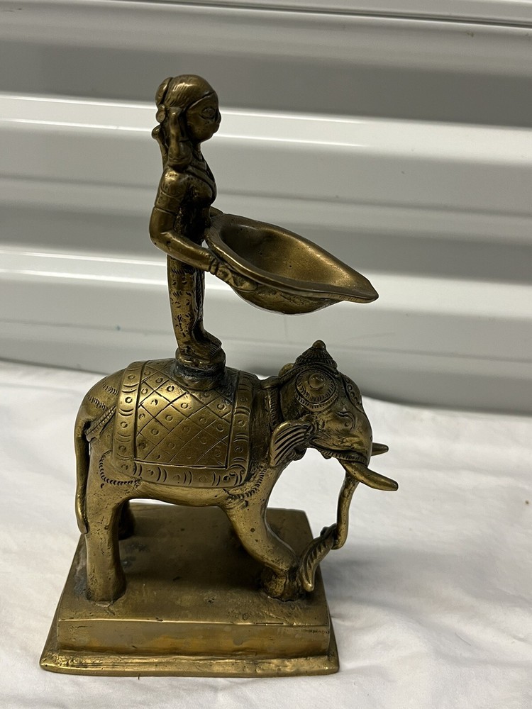 Brass Diya with Lady and Elephant Bharat Haat