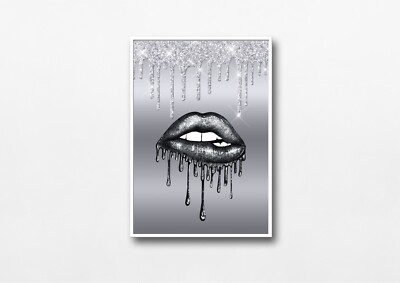 Lips Print Silver Mono Dripping GLITTER PICTURE A3 Wall Art