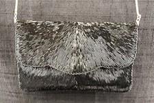 Beaded Black Envelope Fold Snap Close Gold Carry Chain Evening Bag