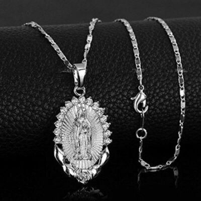 925 Sterling Silver Catholic Saint Virgin Mary New White Topaz Pendant Necklace