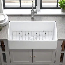 24''30" 33" Kitchen Sink Rectangular White Ceramic Apron Farmhouse Sinks W/ Grid