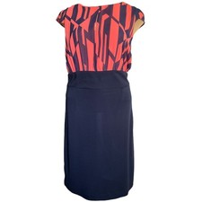 MNG by Mango Women's Large Navy Blue Pink Coral Dress Button Back Detail Office