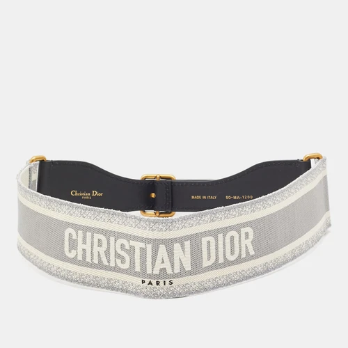 Dior Grey/Black Logo Embroidered Canvas And Black Leather Saddle Belt 80CM