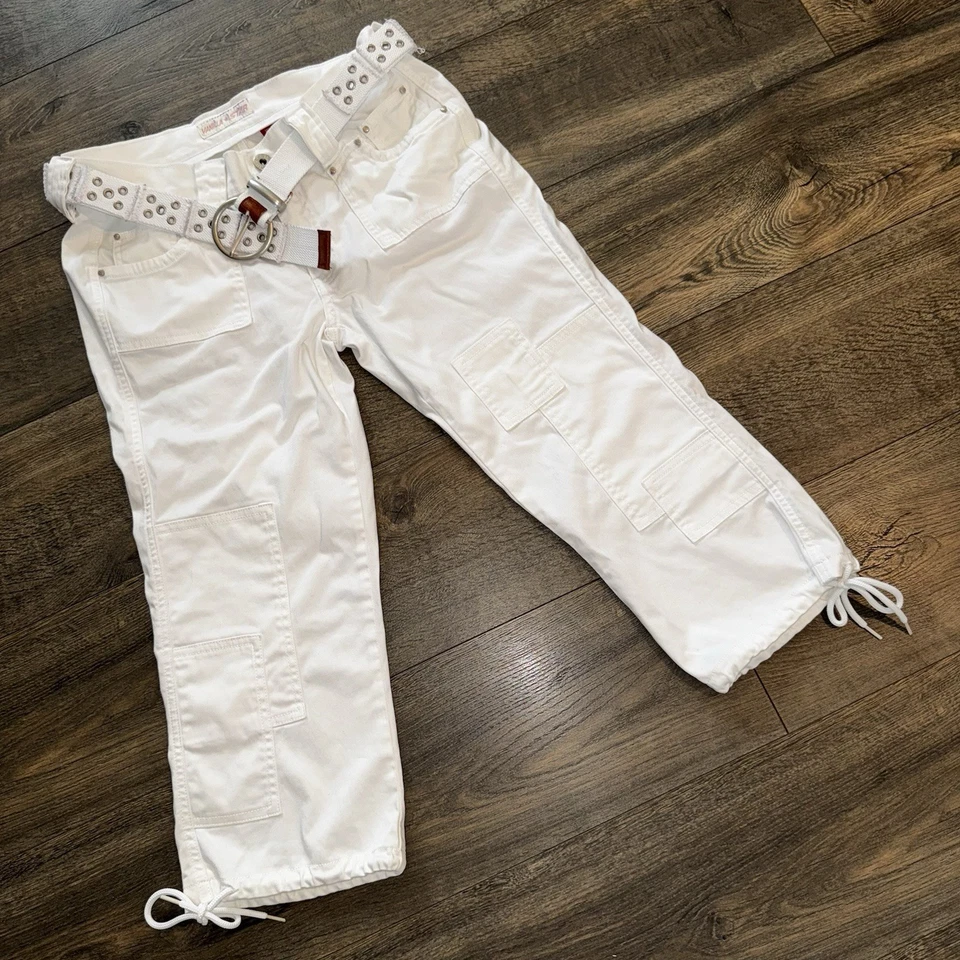 Pantalones Vanilla Star para mujer M blancos cargo capri encaje tachonado cinturón tiro bajo Y2K Foto 4 de 4