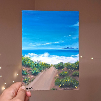 A5 Original: Madeira Insel Küstenweg Meereslandschaft Gemälde, Natur, Acryl