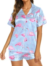 Pink Flamingo Print Short Pajama Set Button Front Summer Sleepwear