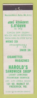 Matchbook Cover - Harold's Sandwich Shop Frederick MD