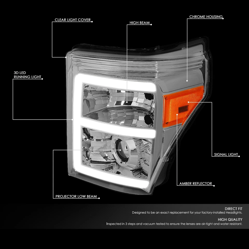FOR 11-16 FORD F250 F350 SUPER DUTY 3D LED DRL PROJECTOR HEADLIGHT CHROME/AMBER - Image 2 of 4