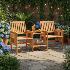 Image of Garden Loveseat Bench 2 Seater Table Parasol Hole Outdoor Seating Natural Wood