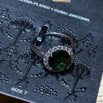 Target -  Silver-Plated Green CZ Halo Ring -Size 7   Original Card