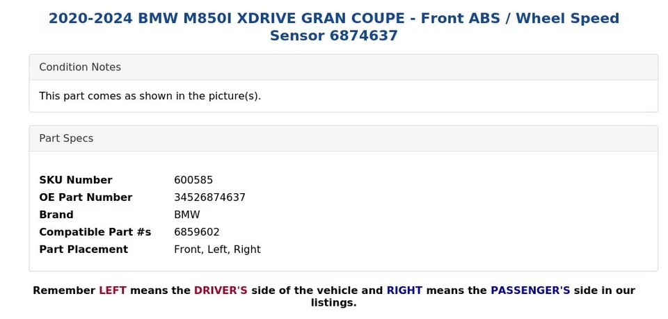 BMW M850I XDRIVE 2020-2024 gran cupé - ABS delantero / sensor de velocidad de la rueda 6874637 Foto 4 de 4