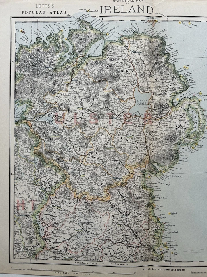 Mapa a color antiguo original de Irlanda del Norte de 1883 de Letts Foto 2 de 3