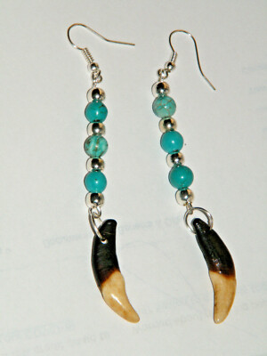 COYOTE TOOTH EARRINGS 3.5'' Drop Blue Bead Real Brown Teeth SILVER Ear Wires NEW!
