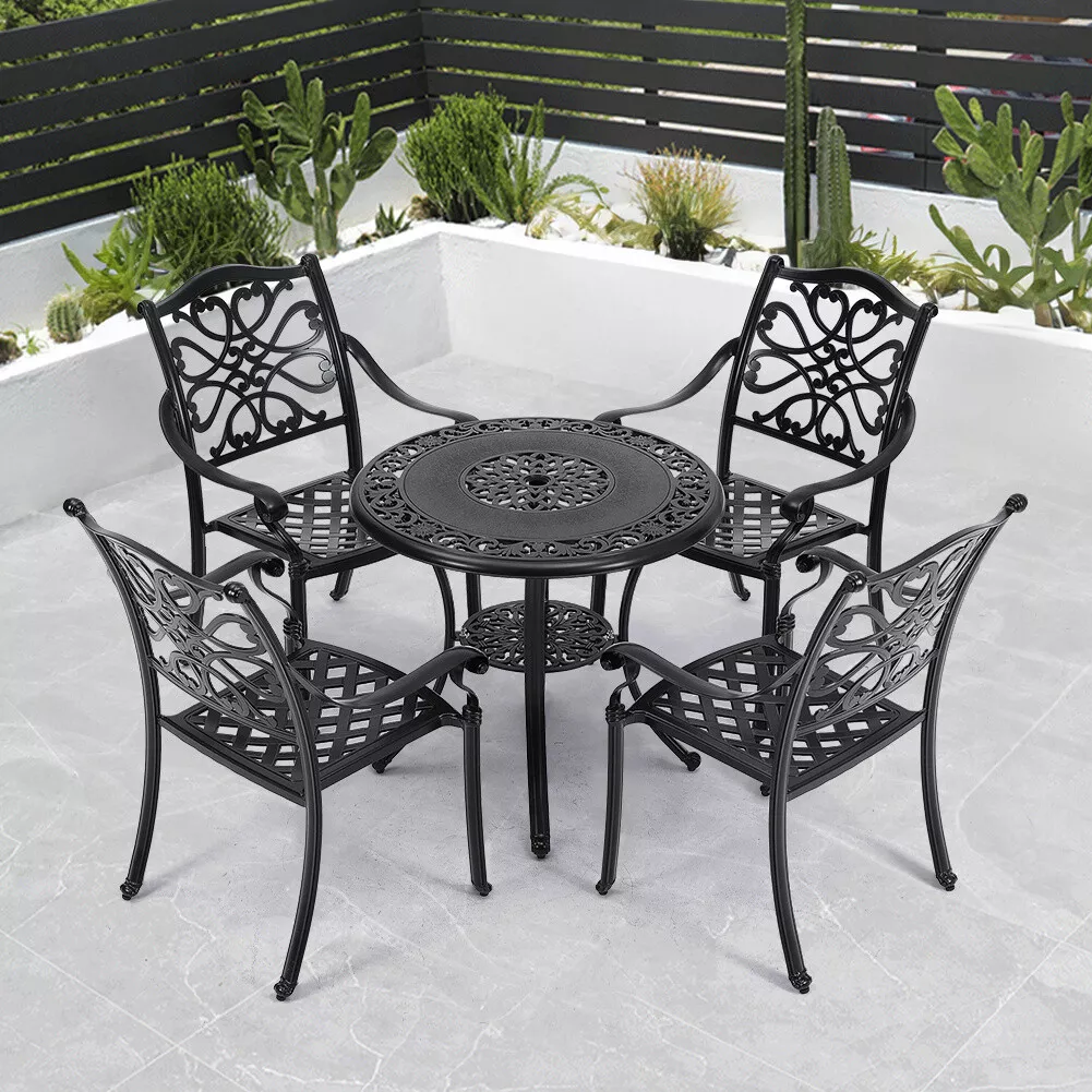 5Pcs Outdoor Garden Furniture Round Bistro Table with 4 Chairs Set Cast Aluminum