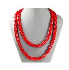 Beautiful natural red coral gemstone cylinder beads long necklace 50"