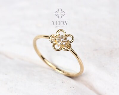 14K Gold Blumenring, Diamant Gänseblümchen Ring, Sonnenblumenband, stapelbarer Goldring
