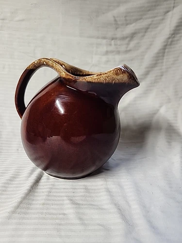 Vintage Hull Oven Proof USA Brown Drip Glaze Ball Pitcher with Ice Lip