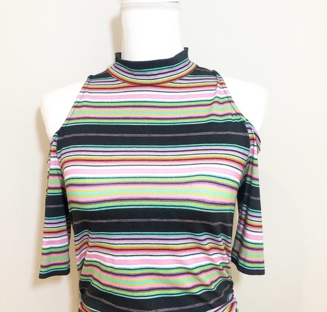 Artelier Nicole Miller Sz S Striped Mock Neck Cold Shoulder Asymmetrical Dress image 4
