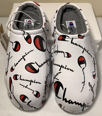 Champion White Super Meloso Warped Slides Fleece Lined Logo Slip Ons NWT  Size