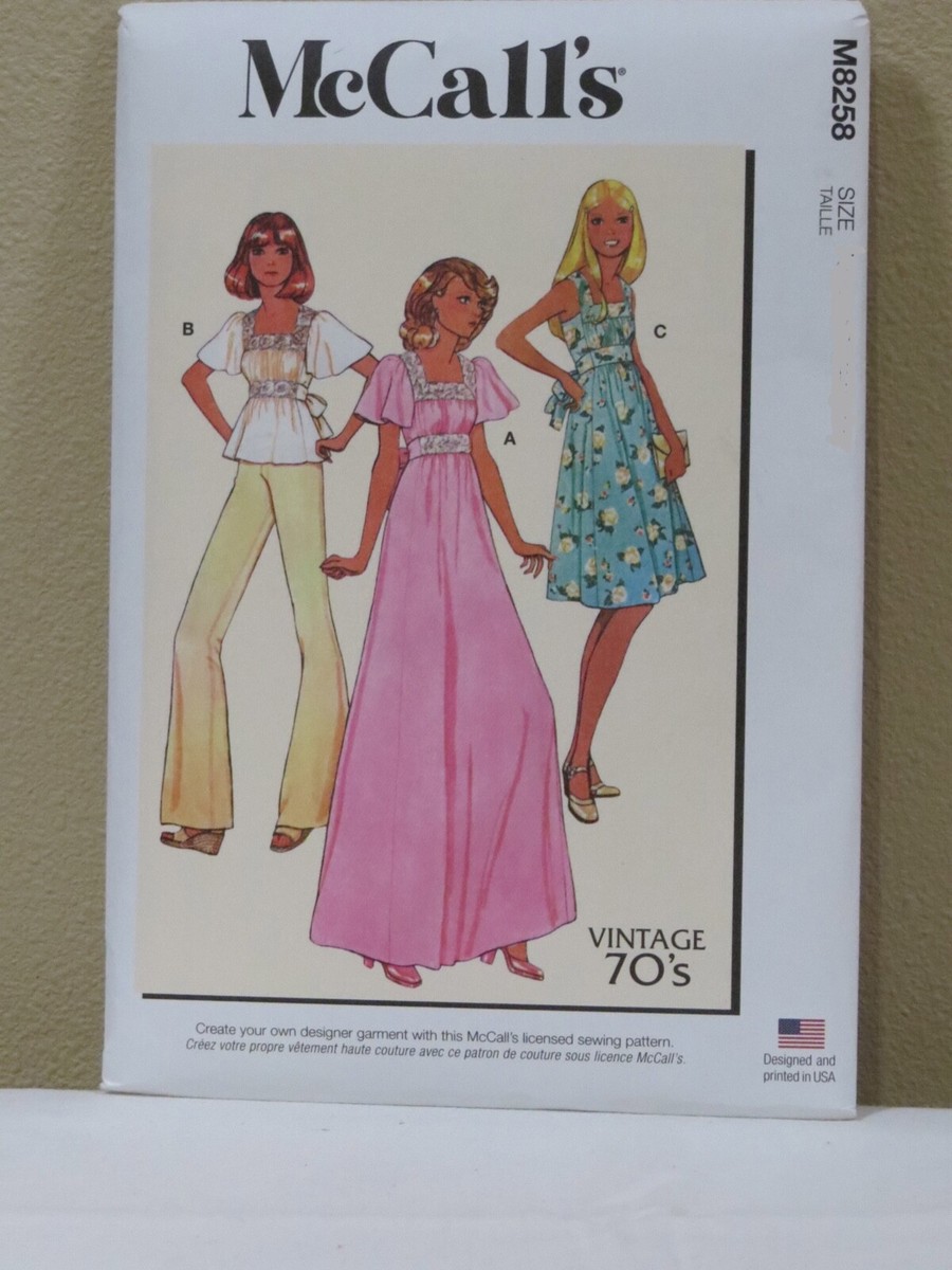mccall's boho dress patterns New Uncut McCalls M8258 Retro 70s Boho Long & Short Dress Top Pattern Sz 16