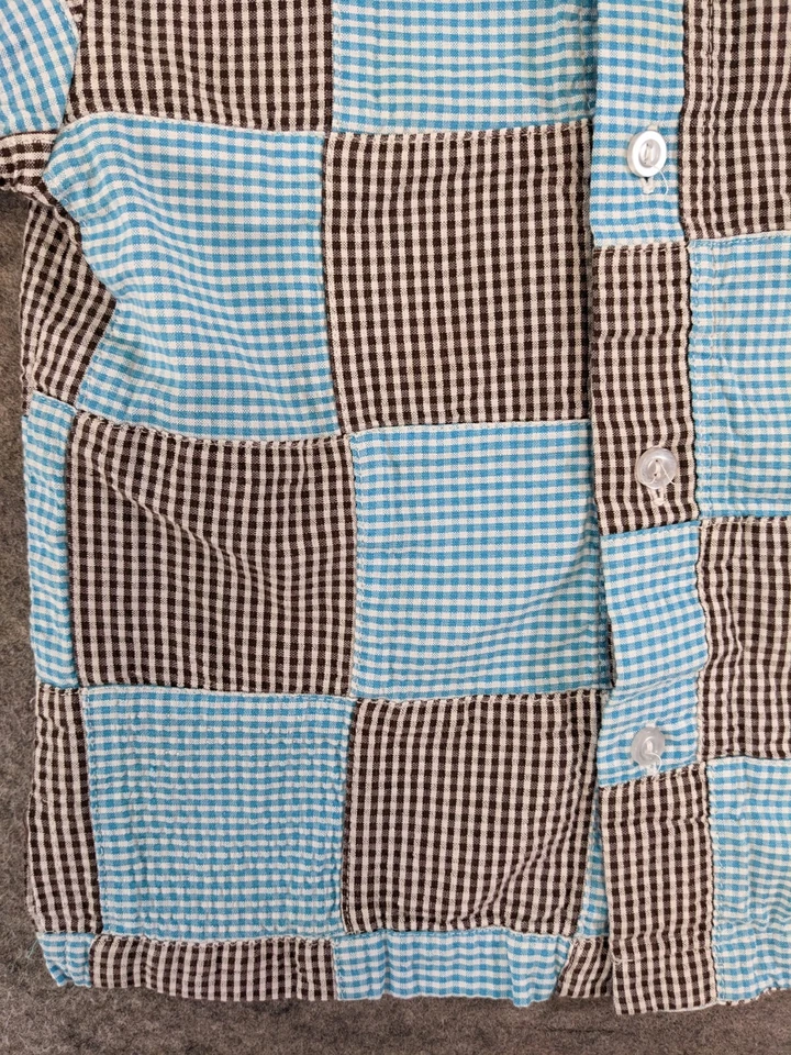 Camisa infantil Kellys menino 4 5 azul marrom xadrez Seersucker patchwork botão para cima verão - Imagem 3 de 4