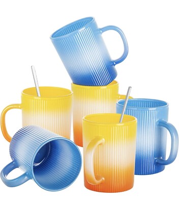 6 Pack 11 oz Striped Coffee Cups & Spoons Microwave & Dishwasher Safe BPA Free