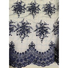 Blue Floral Beaded Embroidered Tulle Lace Fabric