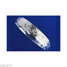SILVER 925 HAWAIIAN BANGLE BRACELET PLUMERIA SCROLL SMOOTH EDGE 10MM