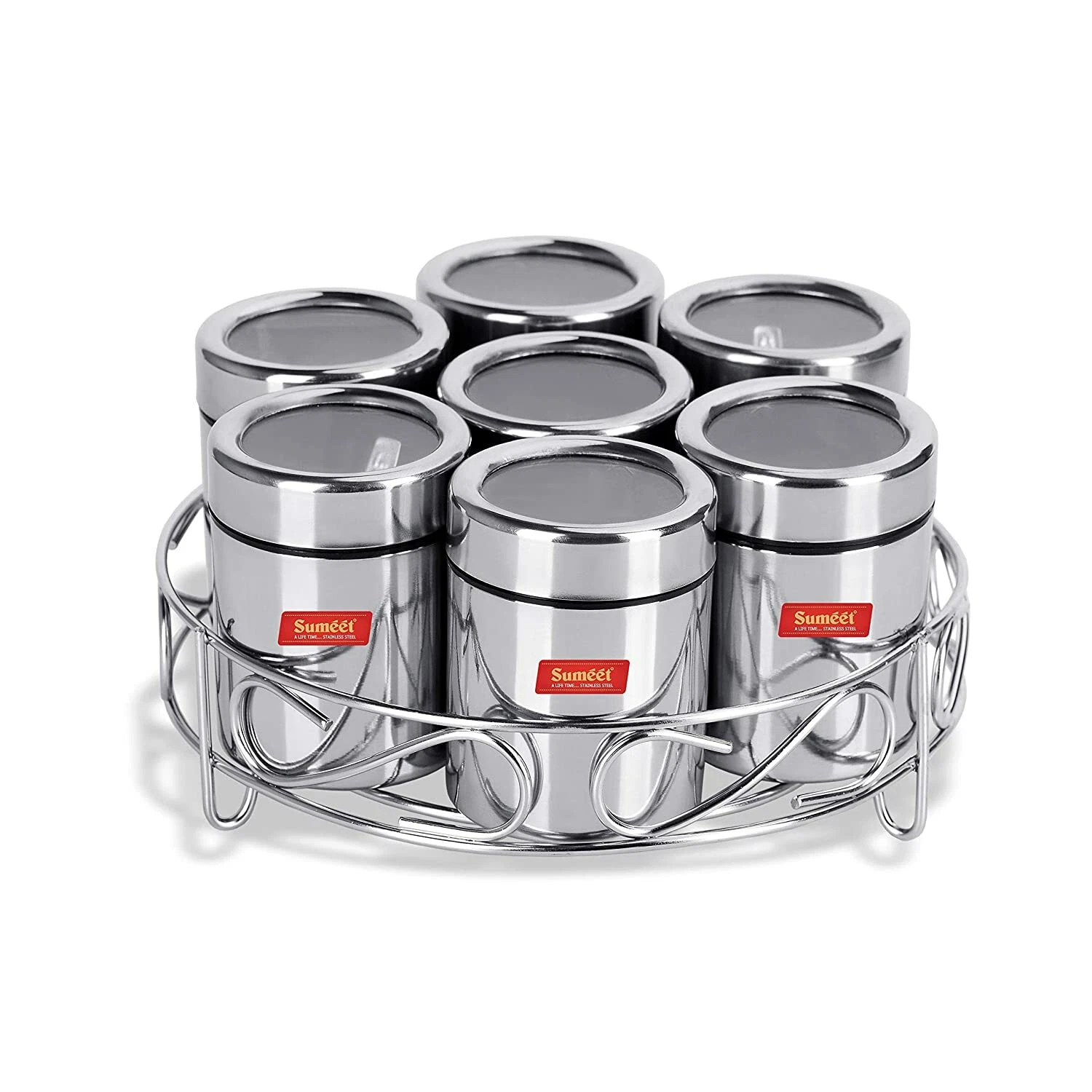 Set of 7 Stainless Steel Dry Fruit Spice Containers See Through Lid Stand Spoons