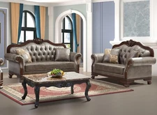 Formal Luxury Sofa Set 2pc Sofa and Loveseat Brown Leather Tufted Living Room
