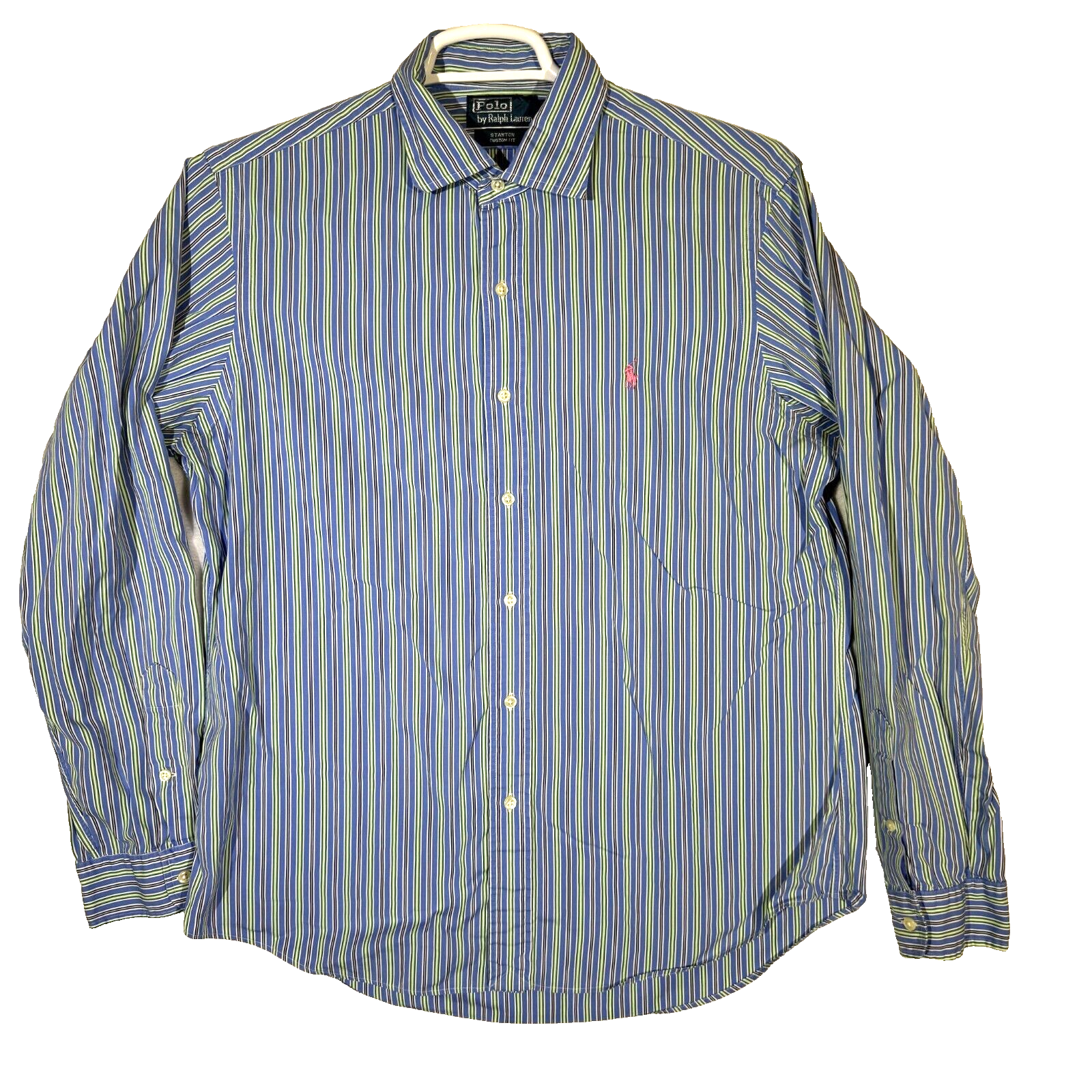 PONY Polo By Ralph Lauren Stanton camicia uomo L blu a righe vestibilità personalizzata con bottoni M782