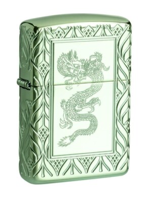 Zippo 49054, Chinese Dragon Deep Carved Armor High Polish Green Lighter, NEW
