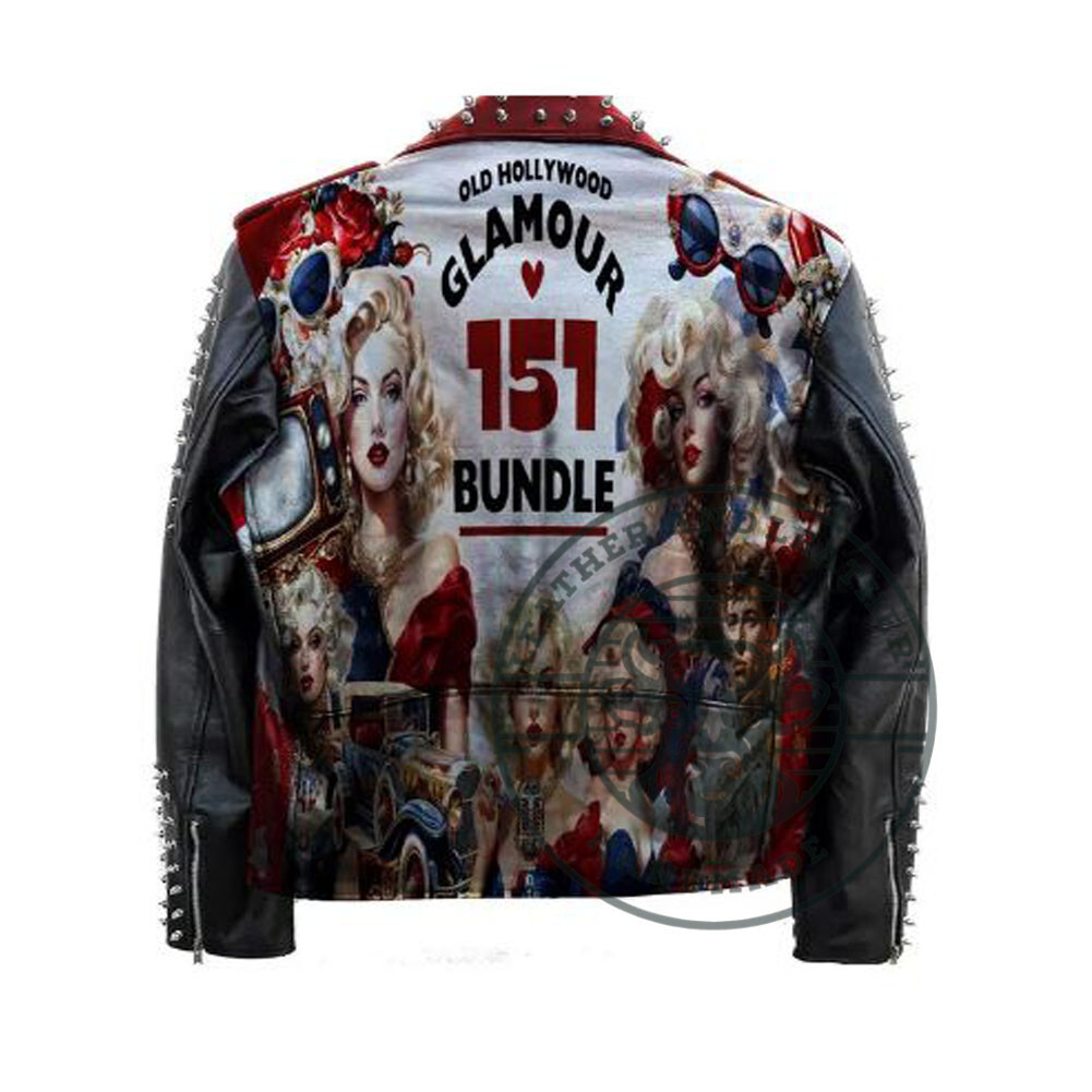 Men Punk Leather Jacket with Old Hollywood Marilyn Monroe Spikes and Studs Style