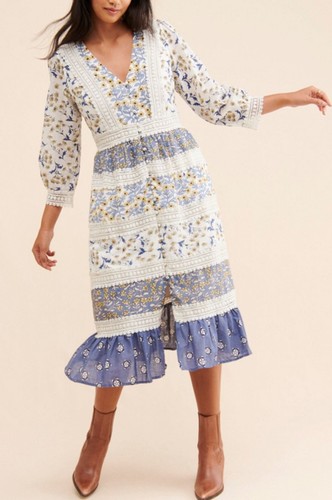 Anthropologie Roberta Midi Dress Floral Prairie Boho Cottagecore Blue White 8 - Picture 2 of 21