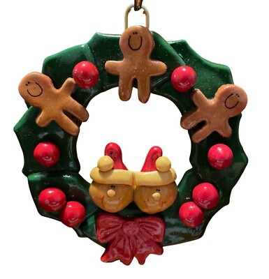 Vintage 80s Bread Dough 4'' Christmas Ornament Wreath Gingerbread Men Elves